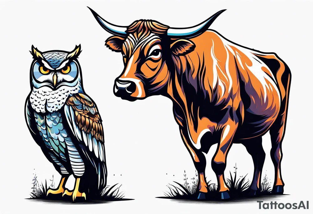 a cow and an owl at wrestle mania tattoo idea