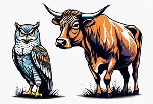 a cow and an owl at wrestle mania tattoo idea
