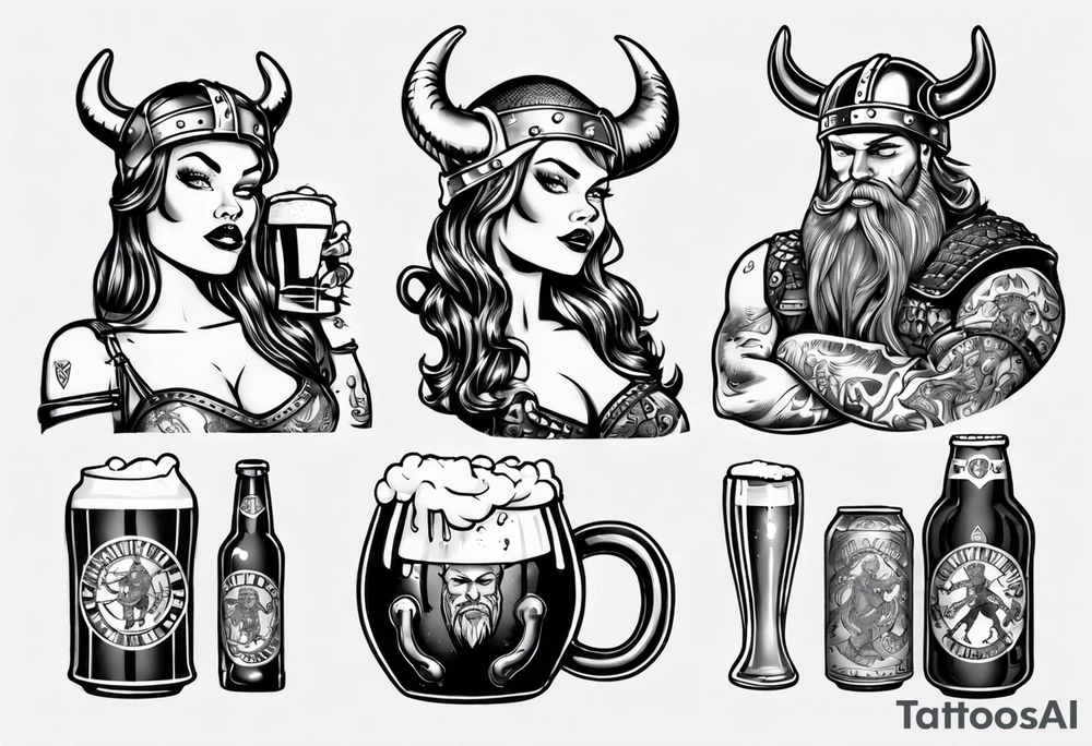 Viking and pin up doll drinking beer tattoo idea