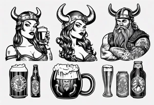 Viking and pin up doll drinking beer tattoo idea