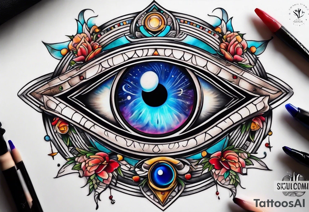 Evil eye moon Saturn tattoo idea