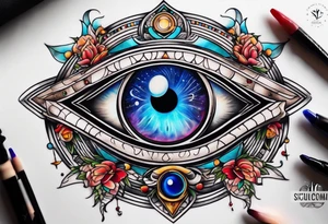 Evil eye moon Saturn tattoo idea