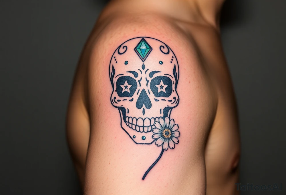 Masculine sugar skull with diamond gemstone eyes and daisy tattoo idea