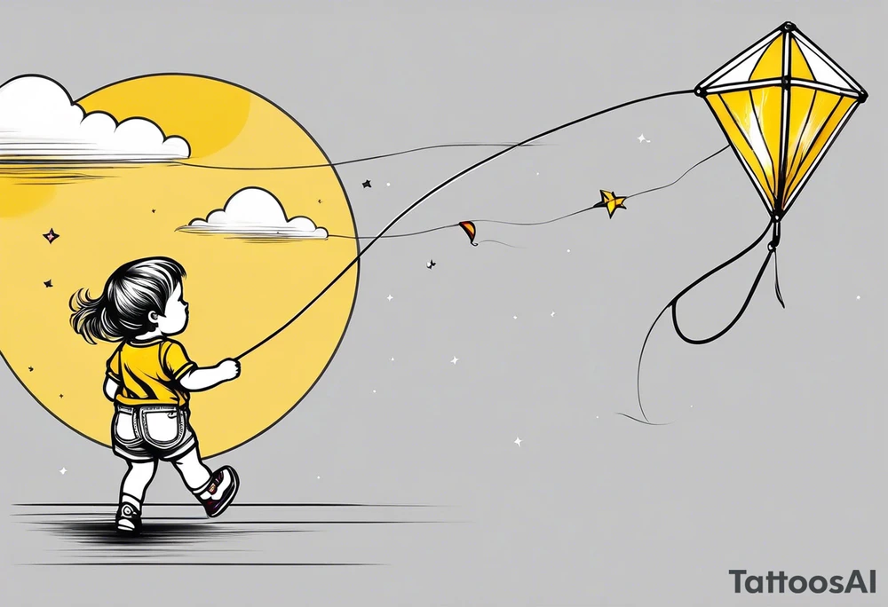back image of a little girl flying a kite with a teddy bear in yellow overalls standing beside her tattoo idea
