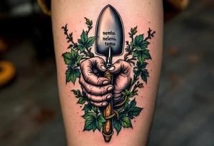 "Komu se neleni, tomu se zeleni." — Lush green vines wrapping around a pair of hard-working hands holding a trowel, with the phrase blooming along the handle. tattoo idea