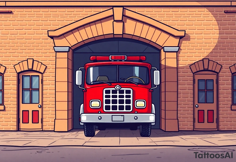 A fire station with an old-school red fire truck parked in front, with warm brick textures and golden sunlight casting long shadows. tattoo idea