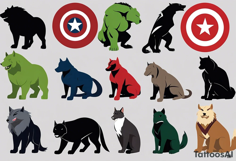 I want to change Avengers Team characters with animals. Hulk will be represented by a Badger.
Thor will be depicted as an Alpha Grey Wolf.
Captain America will be symbolized by a Bull.
Iron Man's character will be embodied by a Canary.
Black Widow's role will be portrayed by an Axolotl.
Hawkeye will be depicted as a Sudan Plated Lizard.
Nick Fury will be represented by a Cat. tattoo idea
