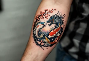 koi fish fighting a dragon in a yin yang format 
with a sakura tree in the background, Japanese inspired piece tattoo idea