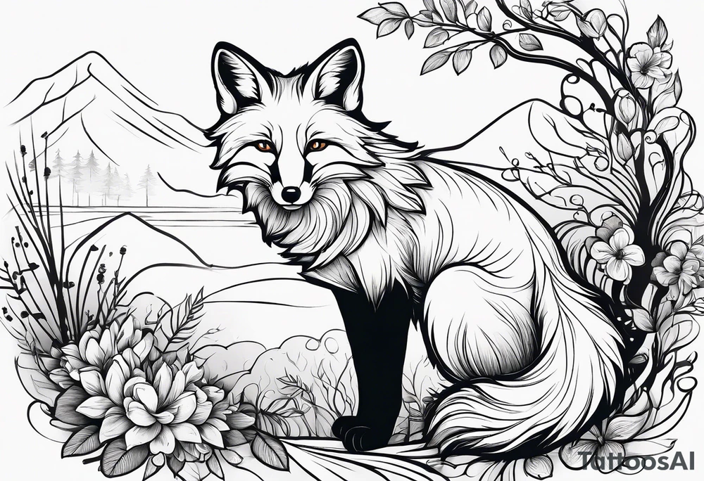 A playful fox with a bushy tail, set in a lush forest, illustrating cleverness and adaptability.” tattoo idea