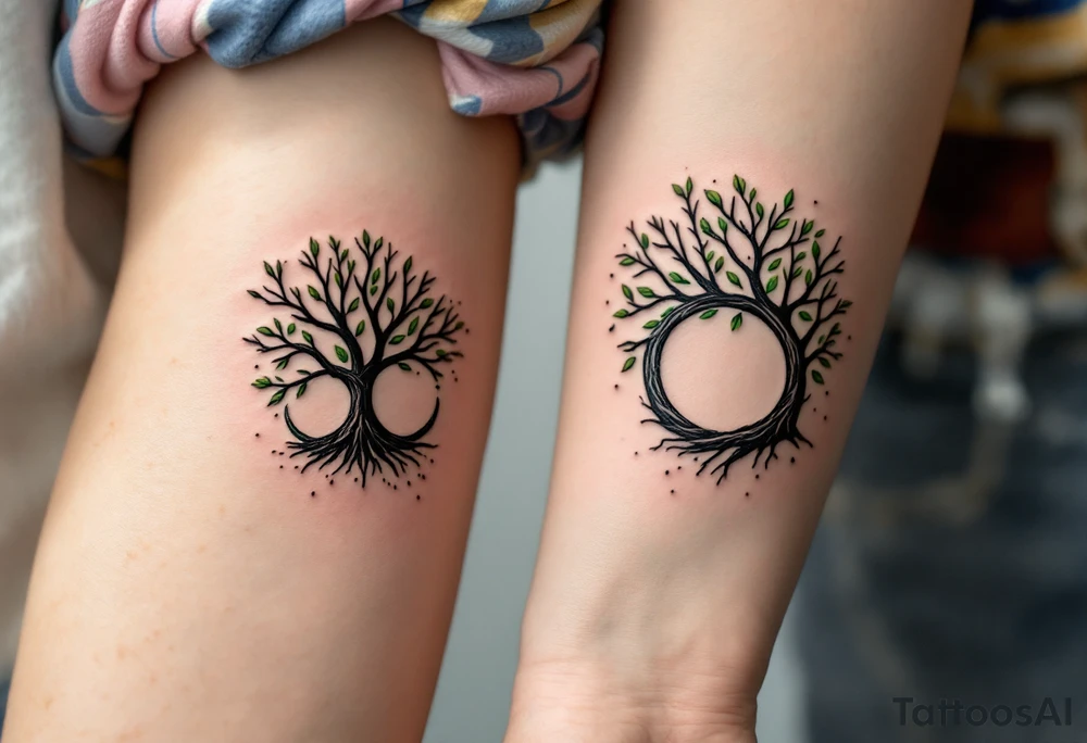 Two matching couples man and women tattoos black tree rings with a splash of green leaves tattoo idea