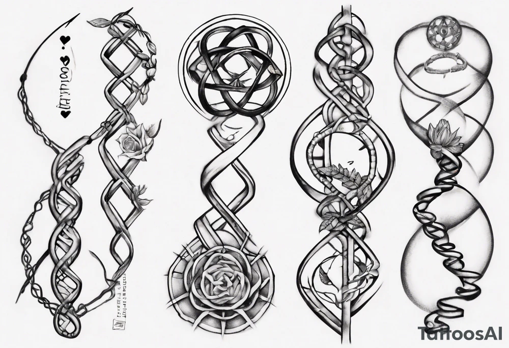 Create a tattoo sketch that visually represents my life journey and the evolution of mindfulness. Consider life as a DNA chain, where each link symbolizes key moments of my development and consciousness. Allow the images to change and transform, reflecting the evolution of my perception and self-understanding over time tattoo idea