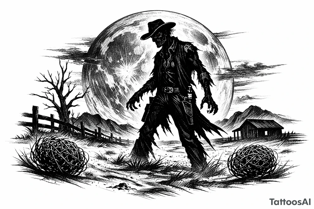 Zombie cowboy silhouette on a moonlit prairie, tumbleweeds rolling. tattoo idea