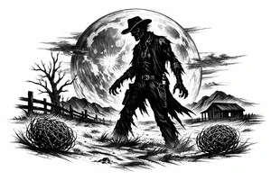 Zombie cowboy silhouette on a moonlit prairie, tumbleweeds rolling. tattoo idea