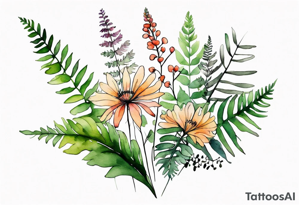 wild flowers long stems bouquet with ferns all watercolor tattoo idea