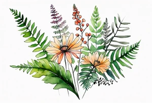 wild flowers long stems bouquet with ferns all watercolor tattoo idea