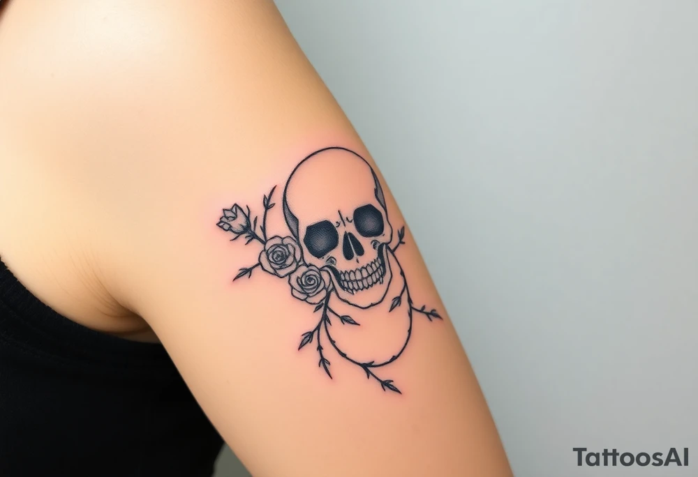 gothic skull intertwined with climbing roses and thorny vines tattoo idea