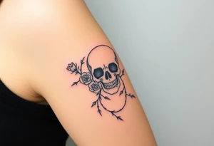 gothic skull intertwined with climbing roses and thorny vines tattoo idea