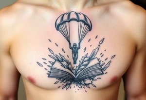 A parachuting soldier landing into an open book. Chaos surrounding, but the book is protecting the soldier from it. On the chest. Make it smaller. tattoo idea