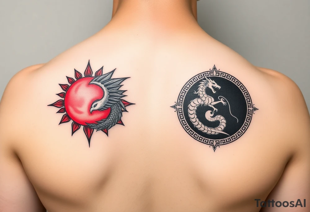 Ultra-thin black and red tattoo band, Greek meander pattern with neo-tribal spikes. Left: red sun with angular phoenix. Right: black moon with dragon-ouroboros. Hidden Bagua trigrams. Clean line art, seamless repeat, NO background tattoo idea