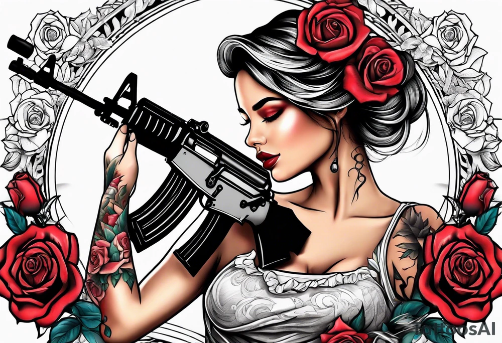 Beautiful angle with tattoos surrounded by roses holding a ak 47 tattoo idea