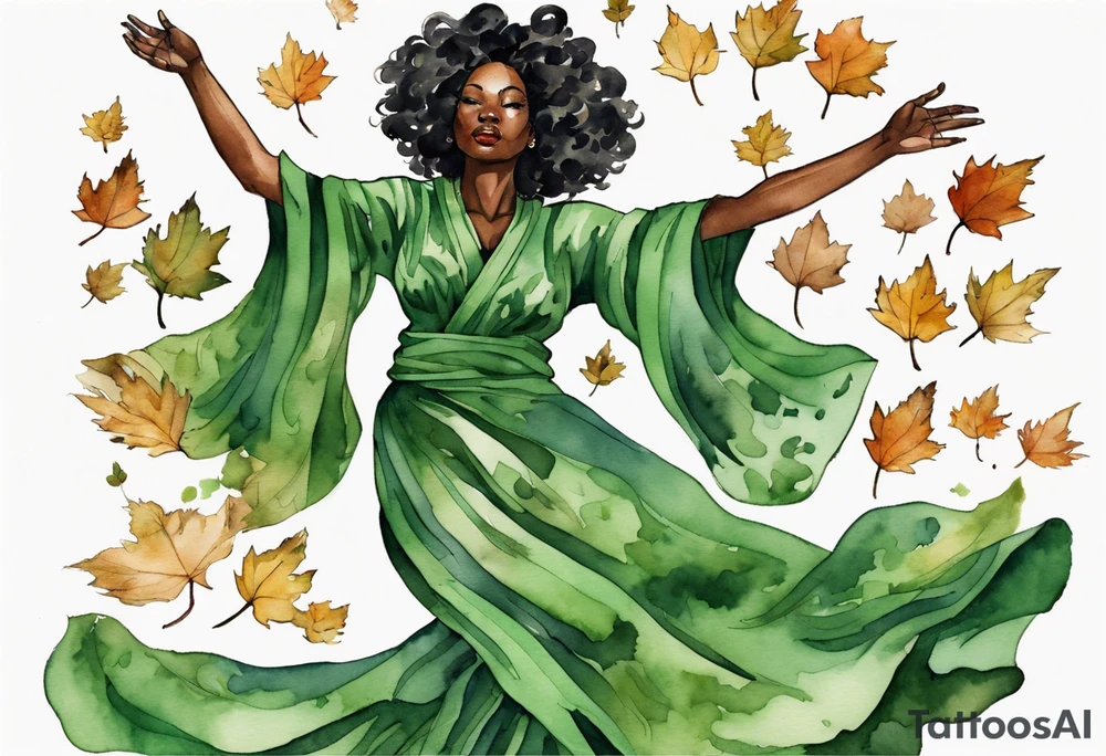 a black woman wearing a green tunic with the lower-half of a tree, her arms raised towards the sun, her roots spreading wide into a field of fallen leaves tattoo idea