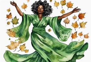 a black woman wearing a green tunic with the lower-half of a tree, her arms raised towards the sun, her roots spreading wide into a field of fallen leaves tattoo idea