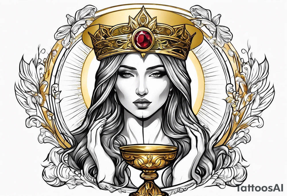 holy saint woman with golden halo holding a chalice tattoo idea