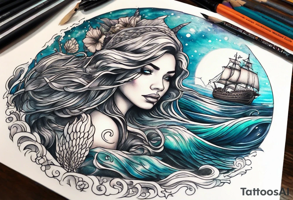 mermaid swimming next to a ghost ship tattoo idea