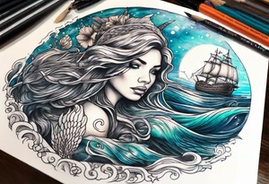 mermaid swimming next to a ghost ship tattoo idea