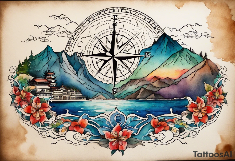 compass rose with half moon bay, mountains, city skyline and European landmark, spilled watercolor and tiny jet plane silhouette and a tiny ski boat in the water tattoo idea