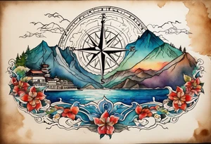 compass rose with half moon bay, mountains, city skyline and European landmark, spilled watercolor and tiny jet plane silhouette and a tiny ski boat in the water tattoo idea