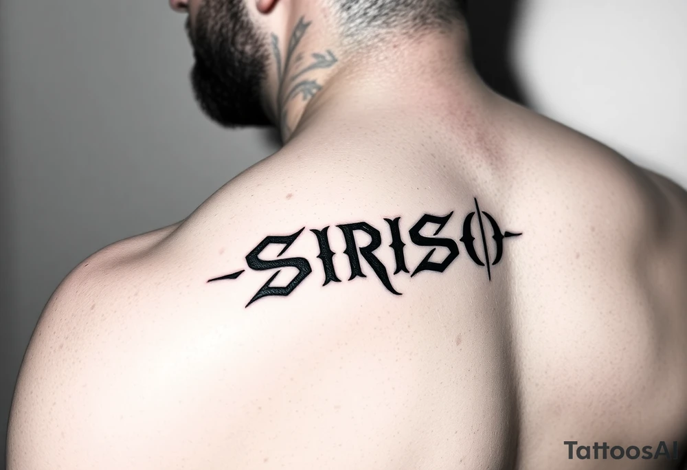 Tribal font like Dave Bautista tattoo saying “SIRISO” on bicep tattoo idea
