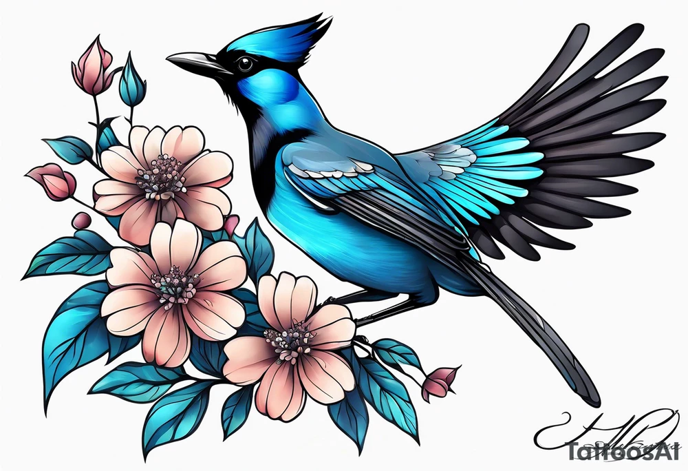Steller’s Jay bird with flowers tattoo idea