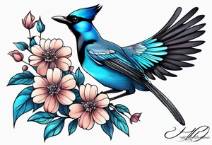 Steller’s Jay bird with flowers tattoo idea
