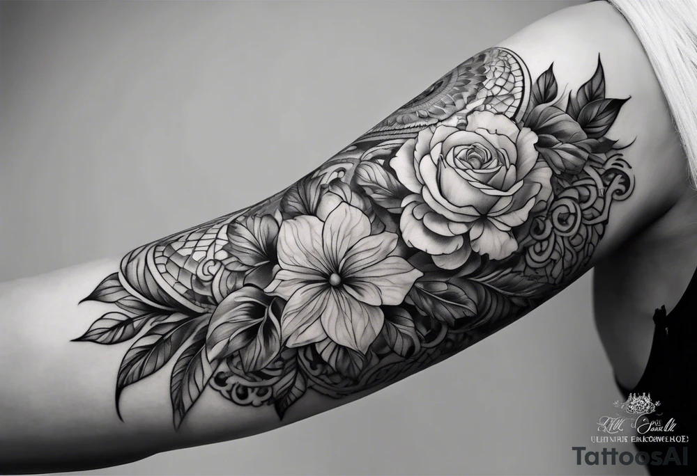 lace feminine full arm sleeve tattoo idea