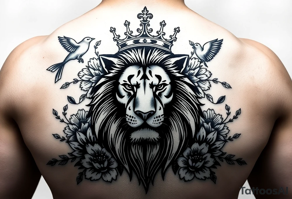 powerful majestic lion with a crown, surrounded by floral ornaments and birds tattoo idea