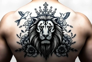 powerful majestic lion with a crown, surrounded by floral ornaments and birds tattoo idea