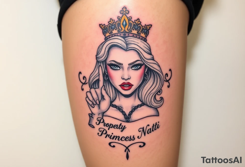 powerful blond findomme princess with crown on, making an “L” for loser with look of disgust on her face being pathetic with caption “Property of Princess Natti” tattoo idea