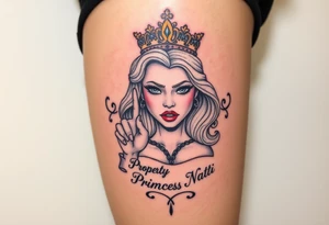 powerful blond findomme princess with crown on, making an “L” for loser with look of disgust on her face being pathetic with caption “Property of Princess Natti” tattoo idea