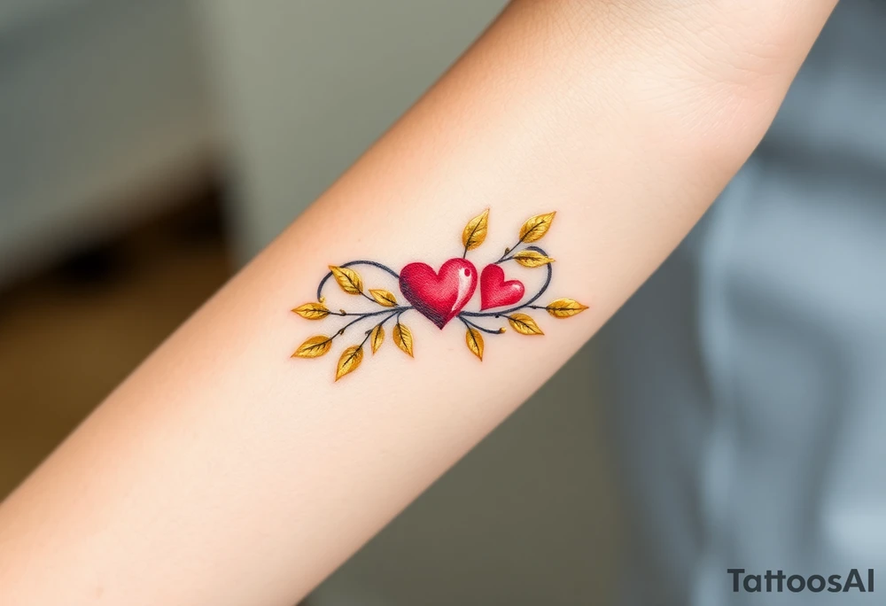 A infinity symbol adorned with golden leaves and a tiny red heart tattoo idea