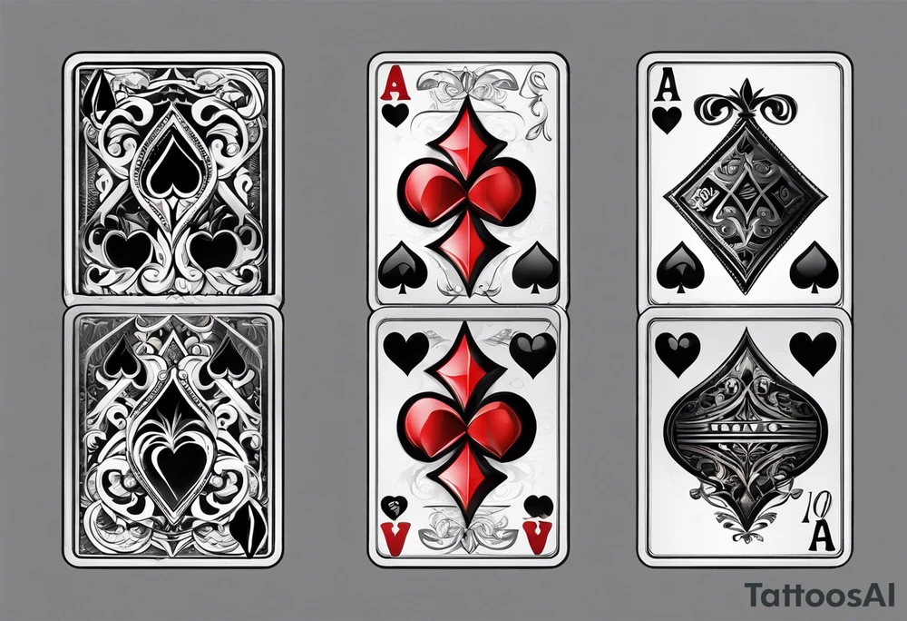 8 aces, overlapping in a row, first two faded/broken aces of hearts, like the one i favourited first, but with first two aces broken or worn. Like the ones in a row but with more cards, at least 6 tattoo idea