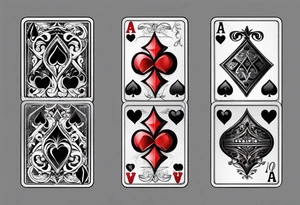 8 aces, overlapping in a row, first two faded/broken aces of hearts, like the one i favourited first, but with first two aces broken or worn. Like the ones in a row but with more cards, at least 6 tattoo idea