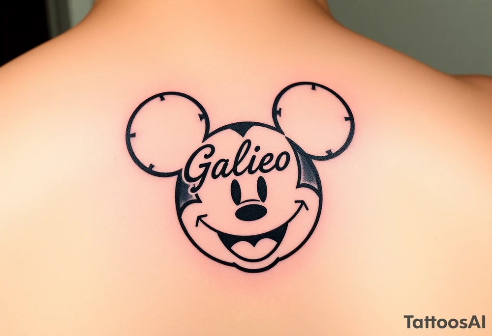 mickey mouse symbol with the name Galileo and the date August 14,2020, incorporated tattoo idea