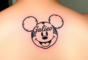 mickey mouse symbol with the name Galileo and the date August 14,2020, incorporated tattoo idea