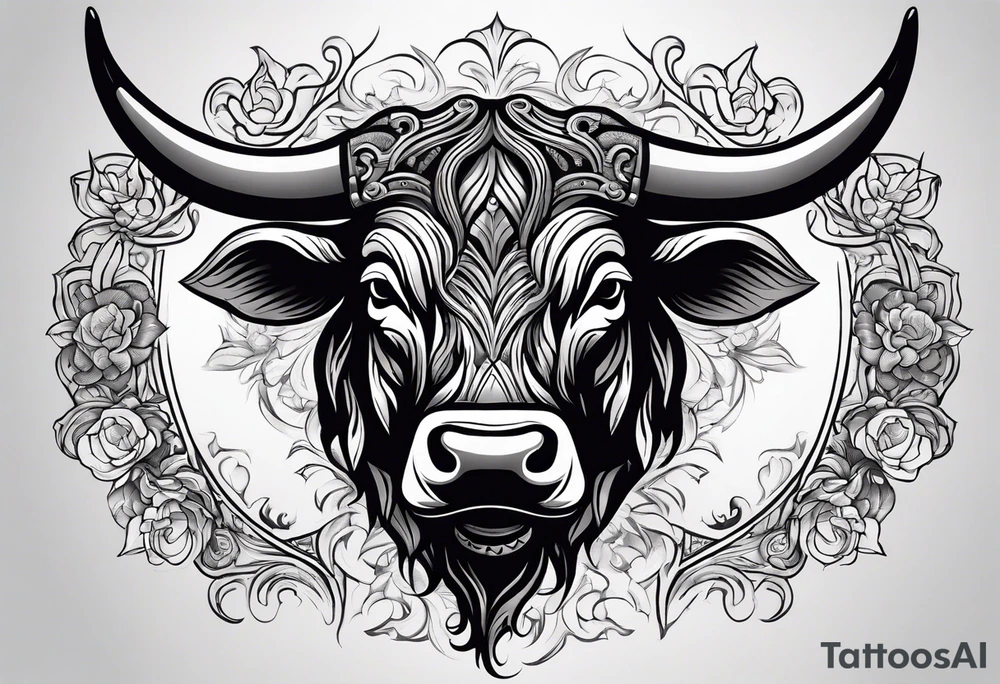 Evil, scary bull with horns surrounded by fill work for back tattoo. On a back tattoo idea