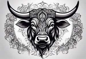 Evil, scary bull with horns surrounded by fill work for back tattoo. On a back tattoo idea