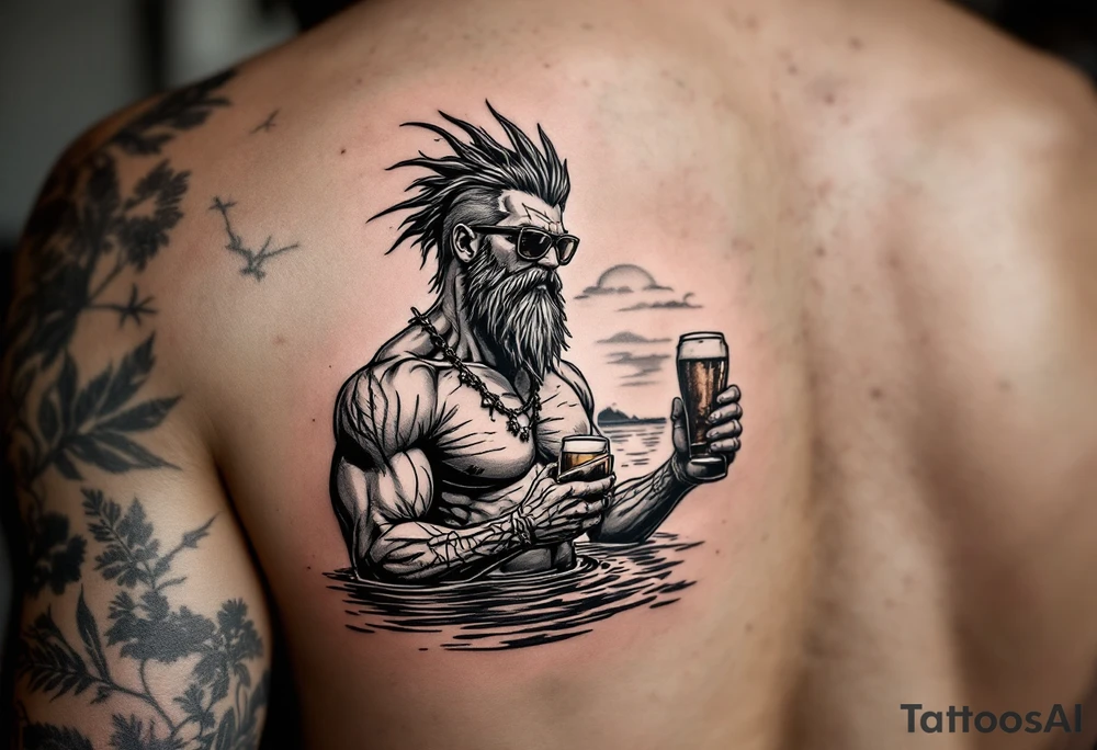 young, happy, fit, short hair, poseidon in calm water, holding a trident, drinking a beer, with sunset, with ski boat, with sunglasses tattoo idea