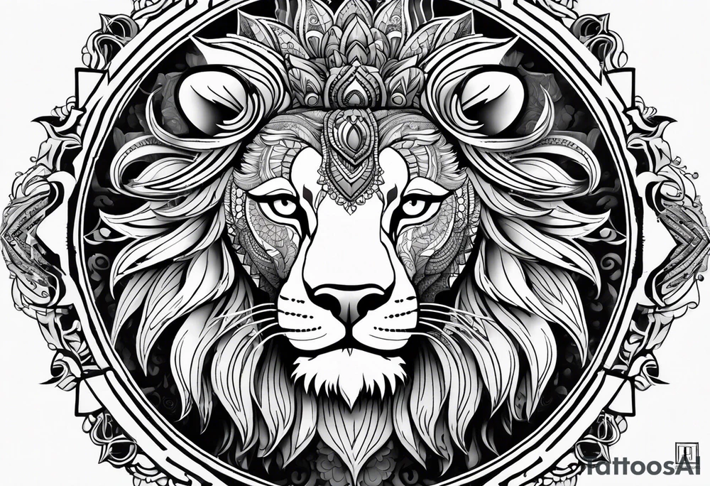 Half lion face half ornate lion face mandala black and grey tattoo tattoo idea