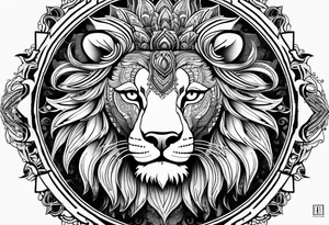 Half lion face half ornate lion face mandala black and grey tattoo tattoo idea