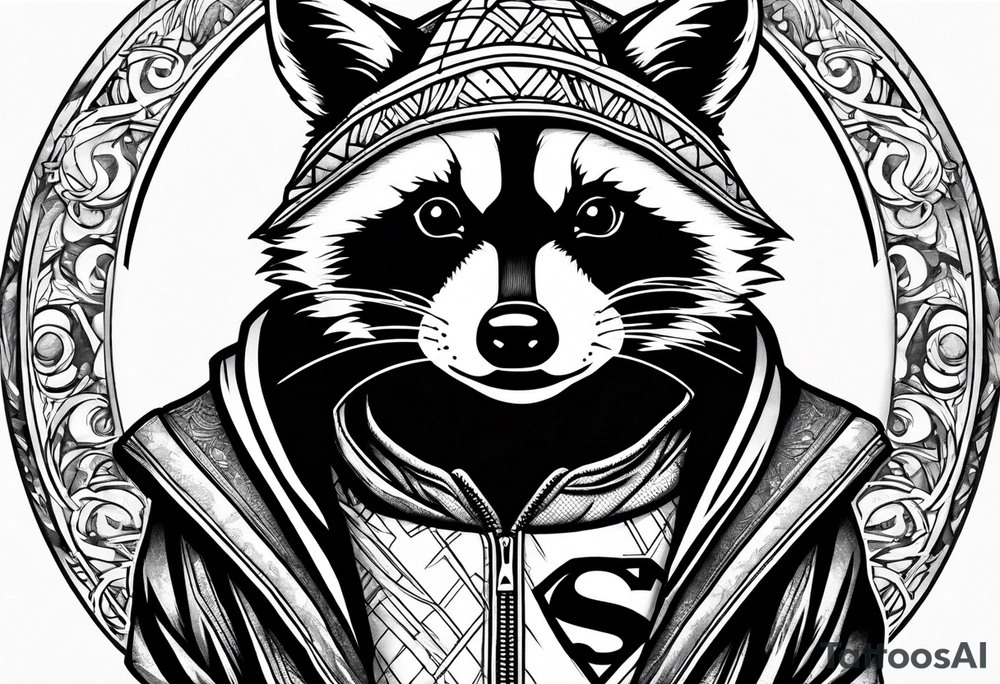 raccoon wearing a Superman hoodie tattoo idea
